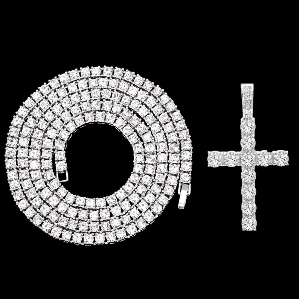 ⭐ 2PC 24" Diamond Hip Hop Necklace and Cross Pendant With 4mm Diamonds ⭐ - Picture 2 of 11